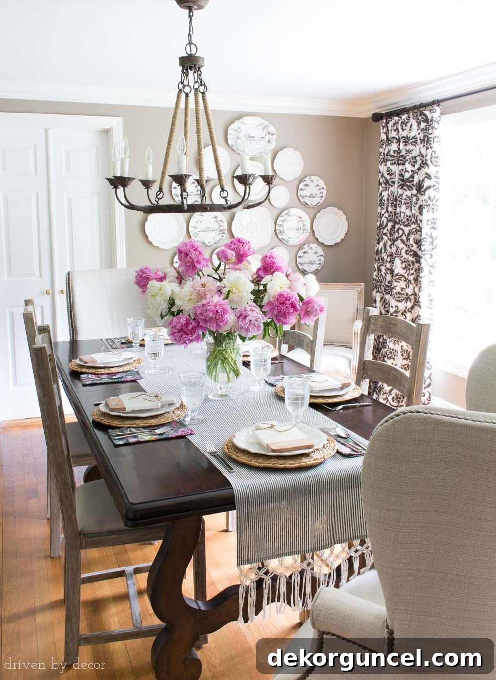 Dining room rope chandelier in our classic New England dining room