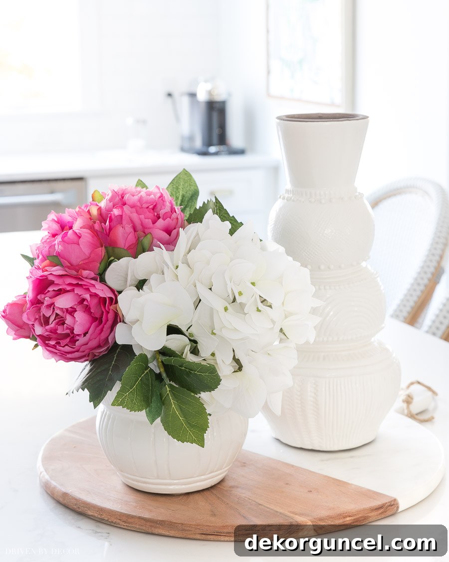 Faux Peonies and Hydrangeas on Kitchen Island for Stylish Decor
