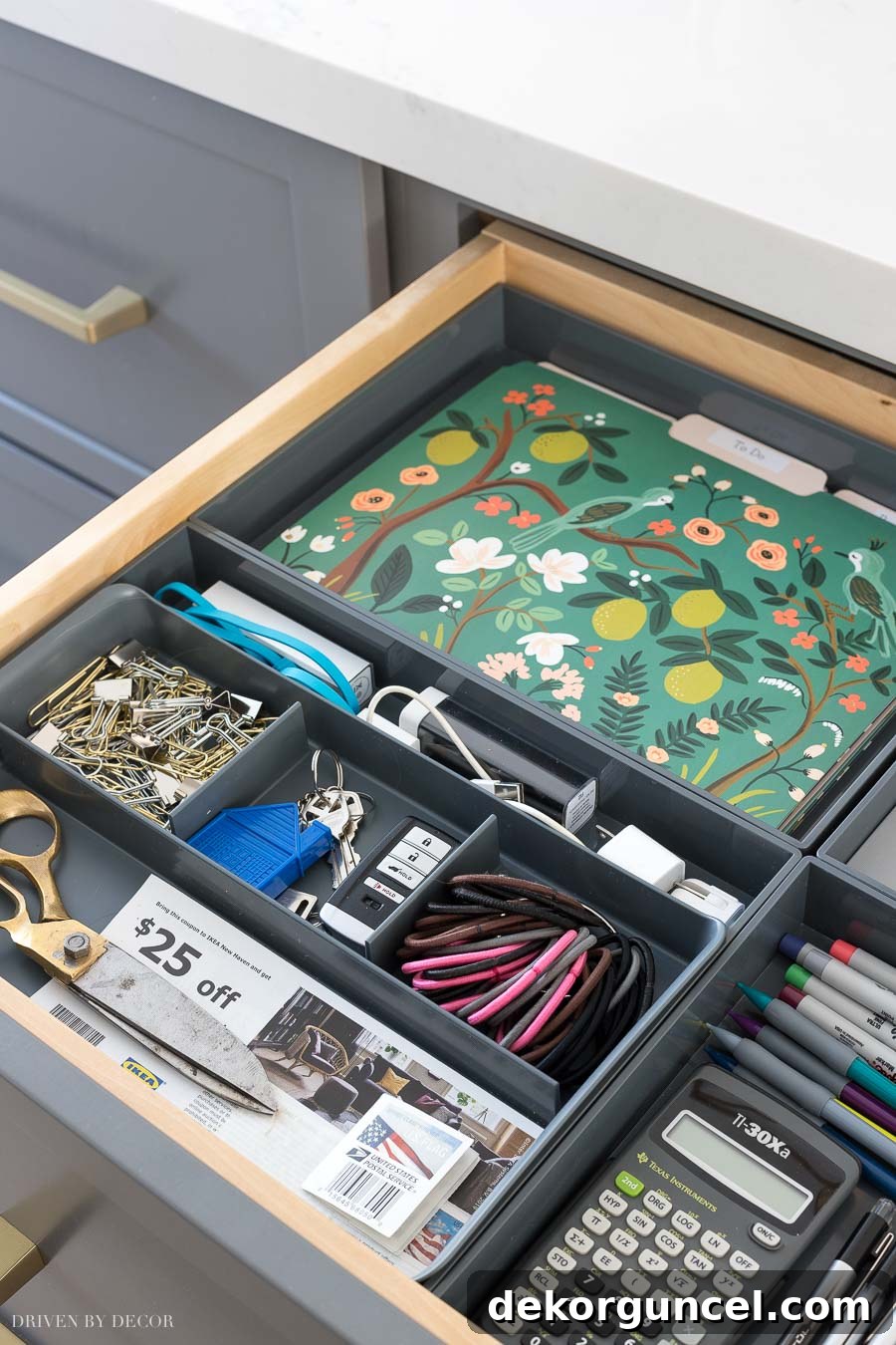 The perfect organizing trays for creating a hidden kitchen command center!