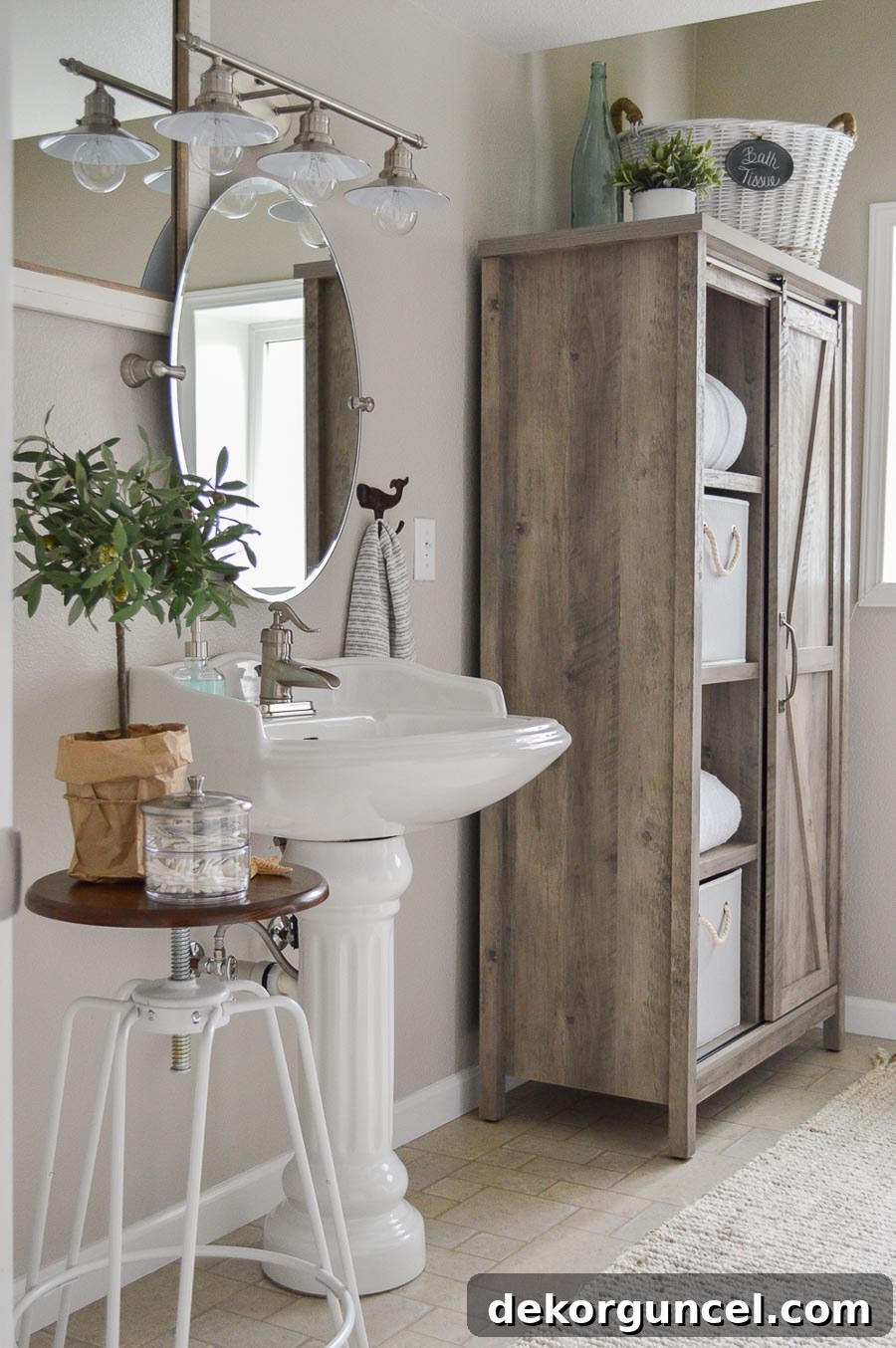 Sherwin Williams Worldly Gray, a perfect balanced greige, in a farmhouse bathroom by Fox Hollow Cottage.
