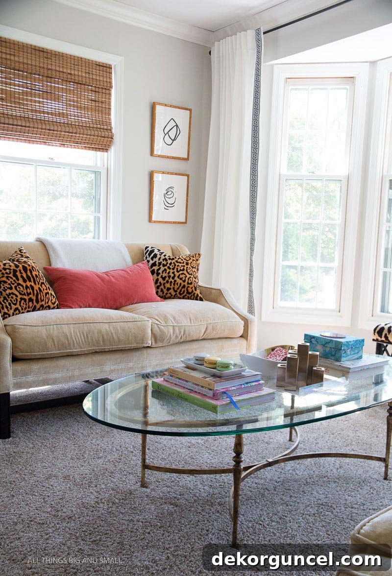 Benjamin Moore Balboa Mist in DIY Decor Mom's living room, showcasing its delicate and airy greige qualities.