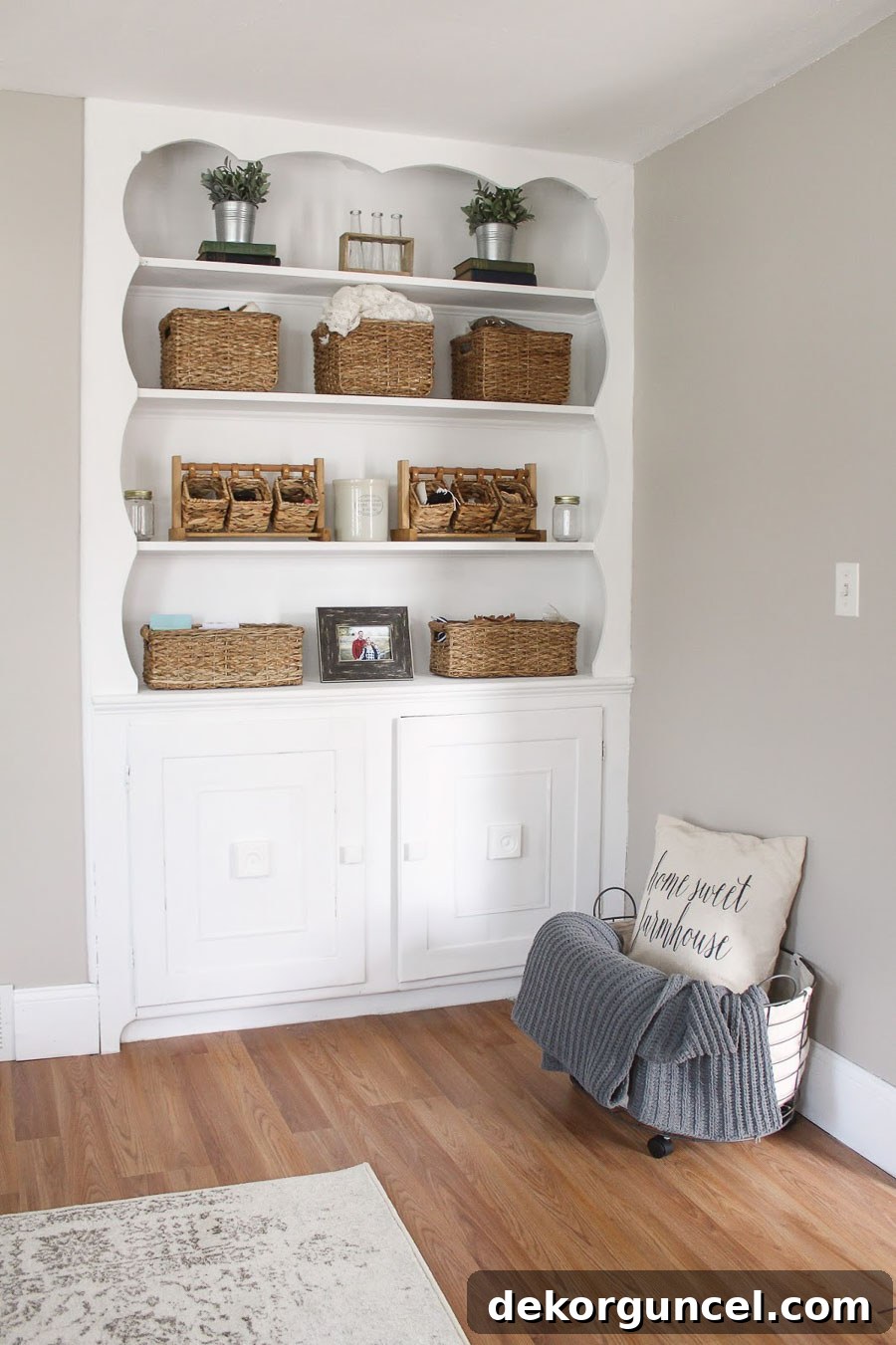 Behr Wheat Bread paint color in a charming shabby chic home office by Sarah Melito, showcasing its warm greige qualities.