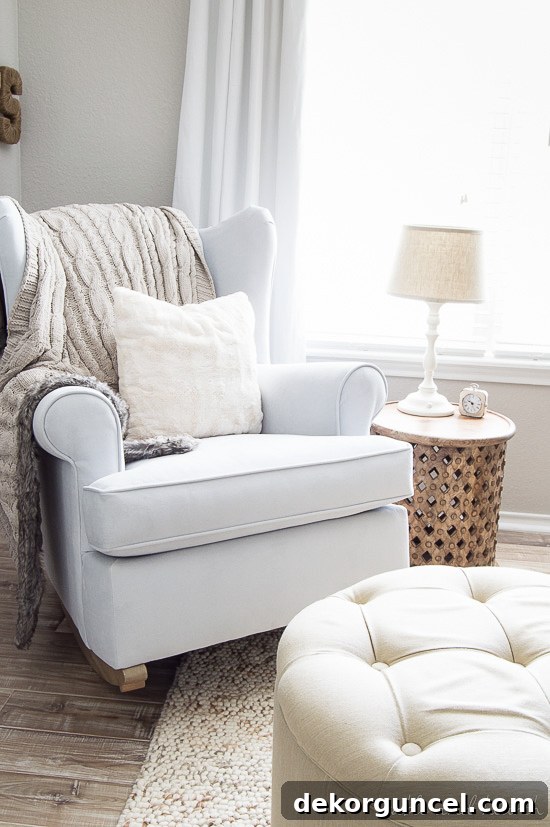 Sherwin Williams Alpaca creating a soothing, gender-neutral nursery by Table and Hearth, highlighting its cool greige appeal.