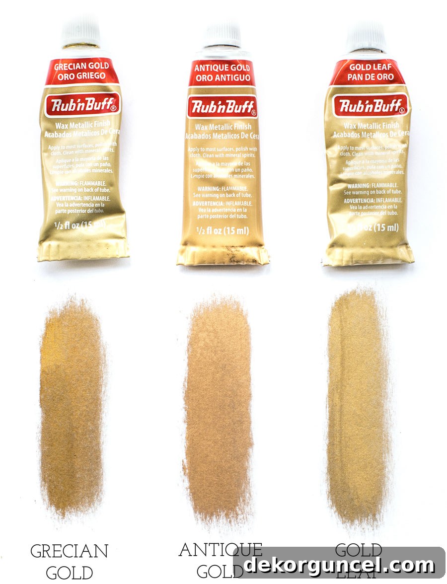 A visual comparison of Grecian Gold vs. Antique Gold vs. Gold Leaf Rub 'n Buff finishes.