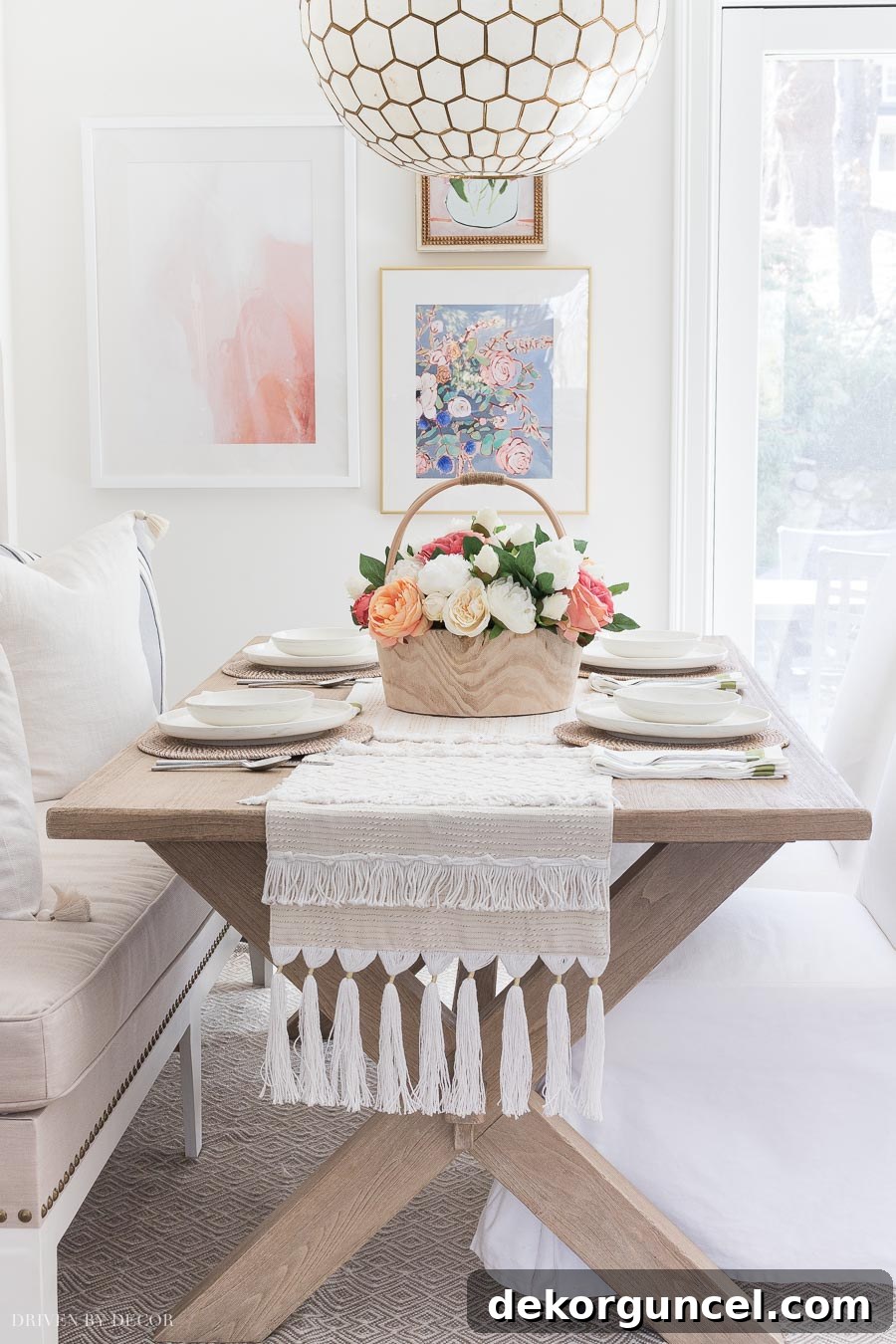 Showcasing a gorgeous wood dining table in a kitchen eat-in area, beautifully protected with a clear wax finish.