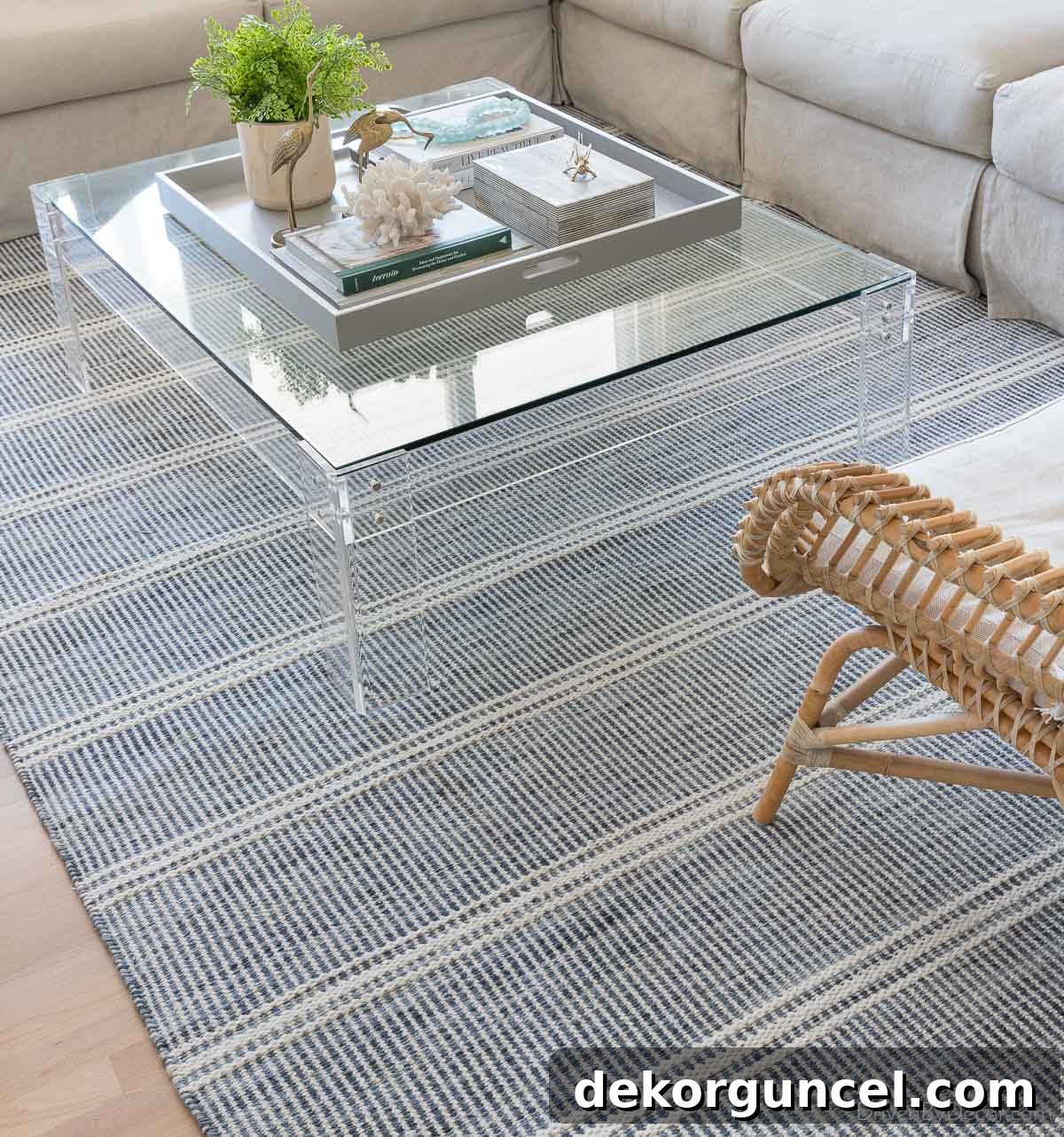 Love this blue striped rug for our living room!