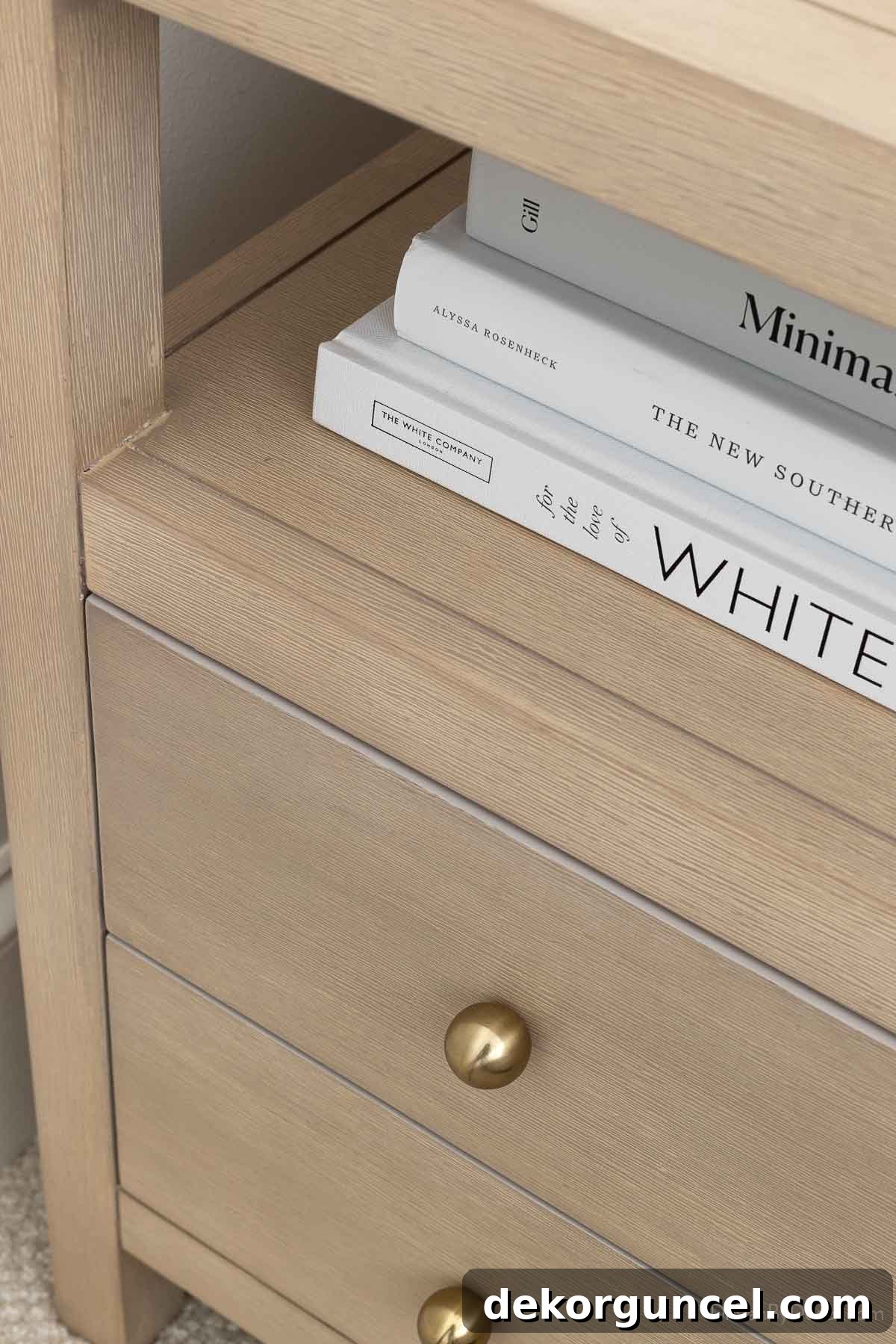 Close-up of wood nightstand showing texture