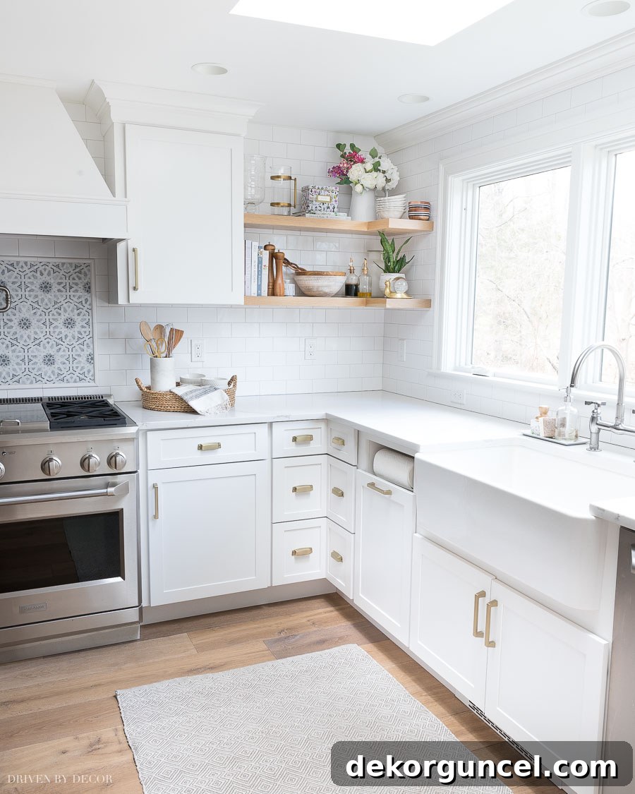 Sharing how to DIY the corner wood shelves in our kitchen! Achieve a modern look with white oak floating shelves.