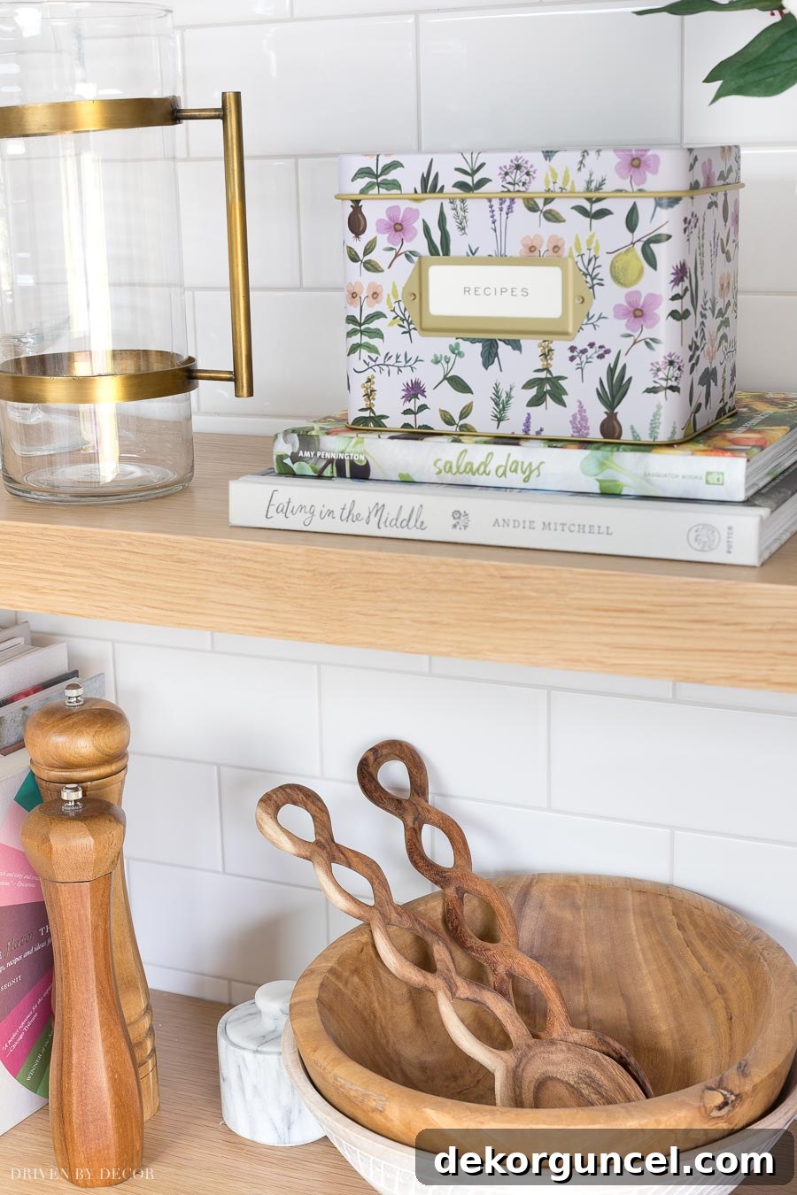 I love open kitchen shelving - these are a few of the accessories that I have on mine! Practical and beautiful kitchen decor ideas.