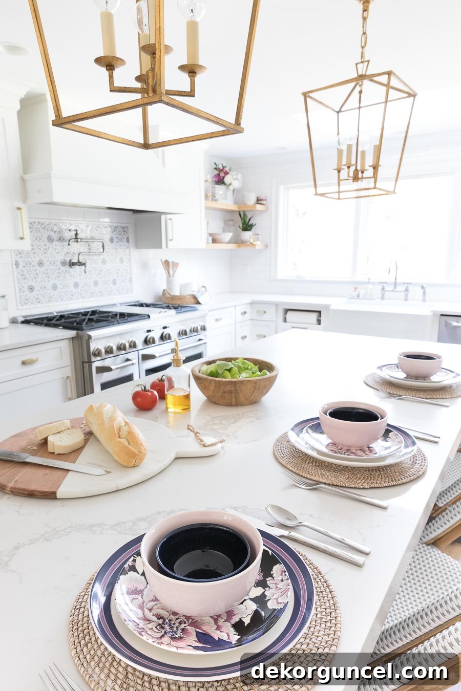 This gorgeous dinnerware, featuring a stylish mix of stripes, solids, and a vibrant floral pattern, is perfect for a spring table setting.