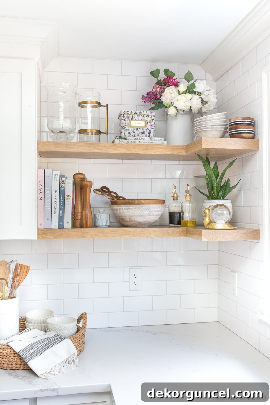 The floating wood shelves in our kitchen - love the warmth they add to this space!