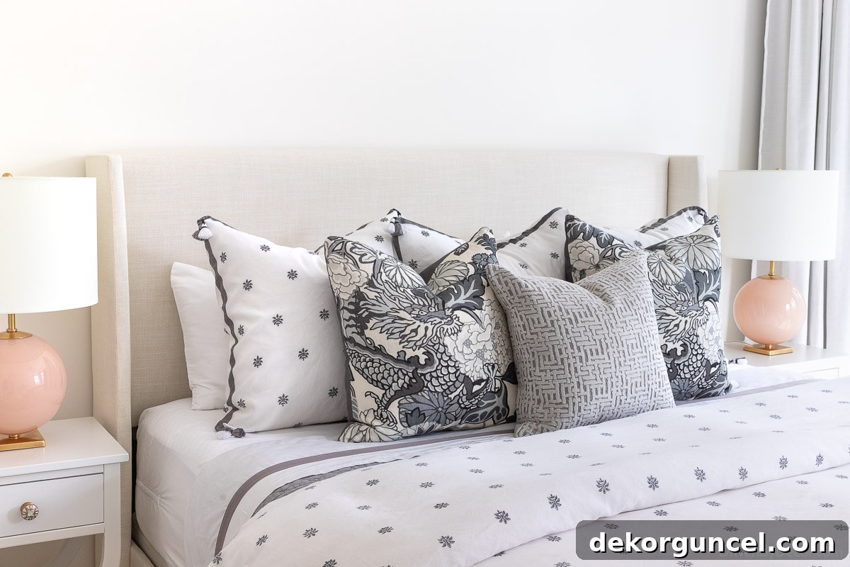 Tilly Upholstered Bed Deep Dive 7 Round blush bedside lamps on both sides of an upholstered bed
