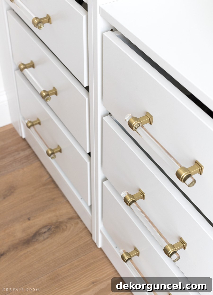 IKEA PAX Mudroom Transformation 8 LOVE these acrylic and brass drawer pulls so much!