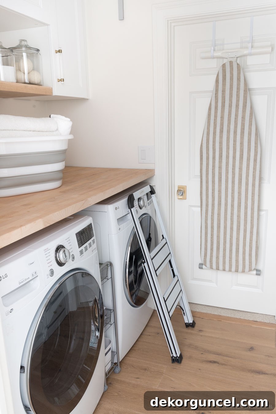 Laundry Room Storage Ideas to Maximize Your Space 10 A slim folding step stool, perfect for laundry rooms with limited storage space, demonstrating its compact design when folded.