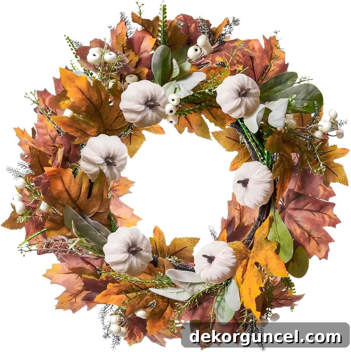 Affordable 24-inch fall wreath featuring a lush array of colorful autumn leaves and charming small pumpkins for a vibrant display.