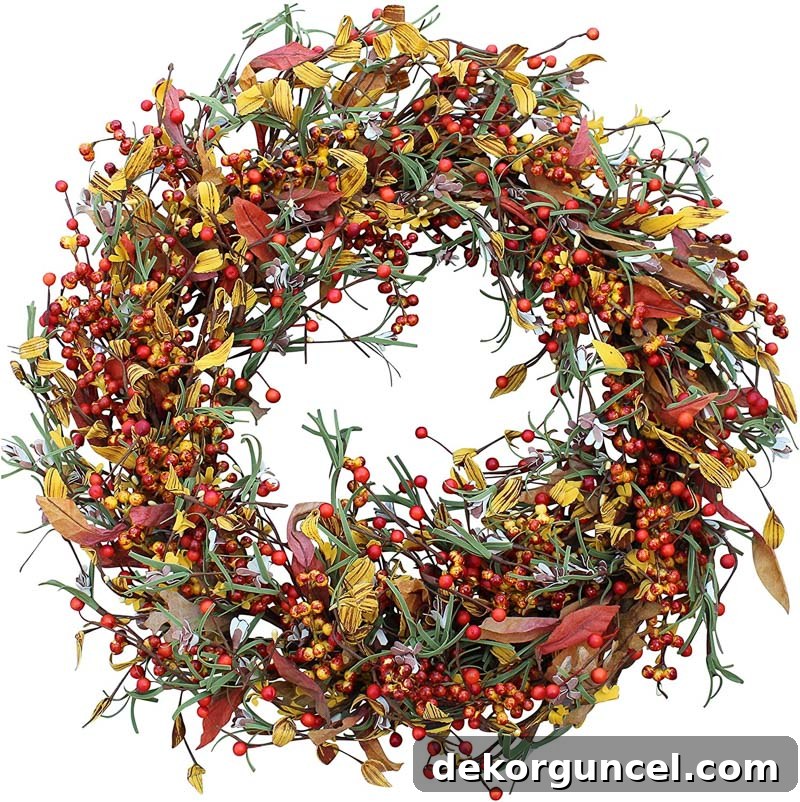 A highly-rated, budget-friendly fall wreath featuring rich autumn colors and abundant vibrant berries, perfect for a classic seasonal look.
