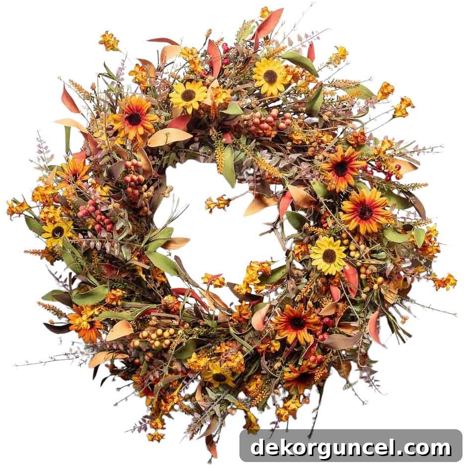 An inexpensive yet full fall wreath brimming with a diverse assortment of daisies, autumn leaves, and vibrant berries.