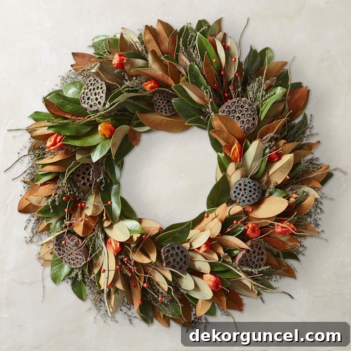 A truly gorgeous fall magnolia wreath, featuring real leaves, curly willow, lotus pods, faux berries, and orange lantern flowers, available in various sizes.