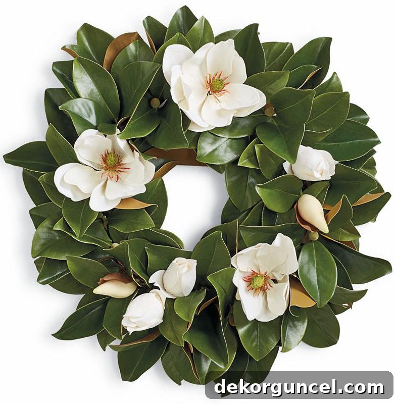 A simple yet beautiful magnolia leaf wreath, ideal for fall and perfectly designed to transition into elegant winter decor.