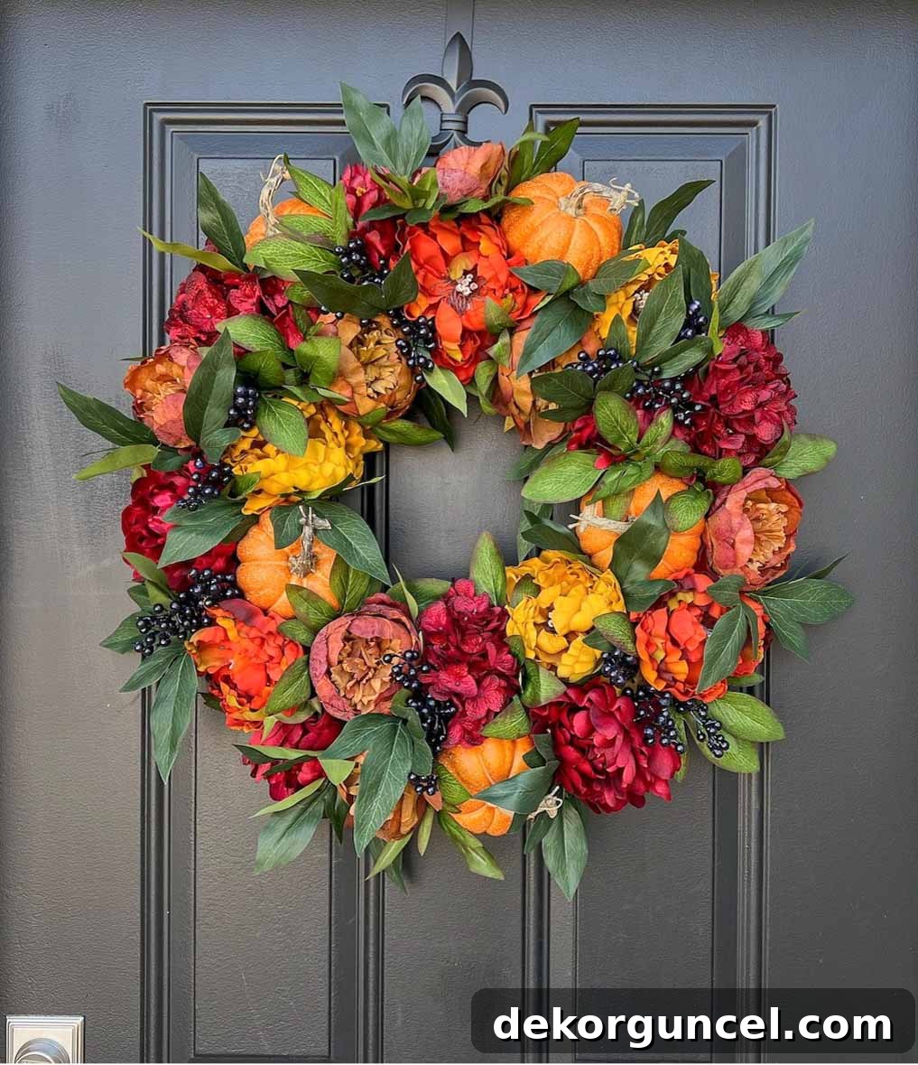 A lavish fall wreath featuring deep-hued peonies, assorted berries, and charming pumpkins, available in multiple sizes to perfectly frame any front door.