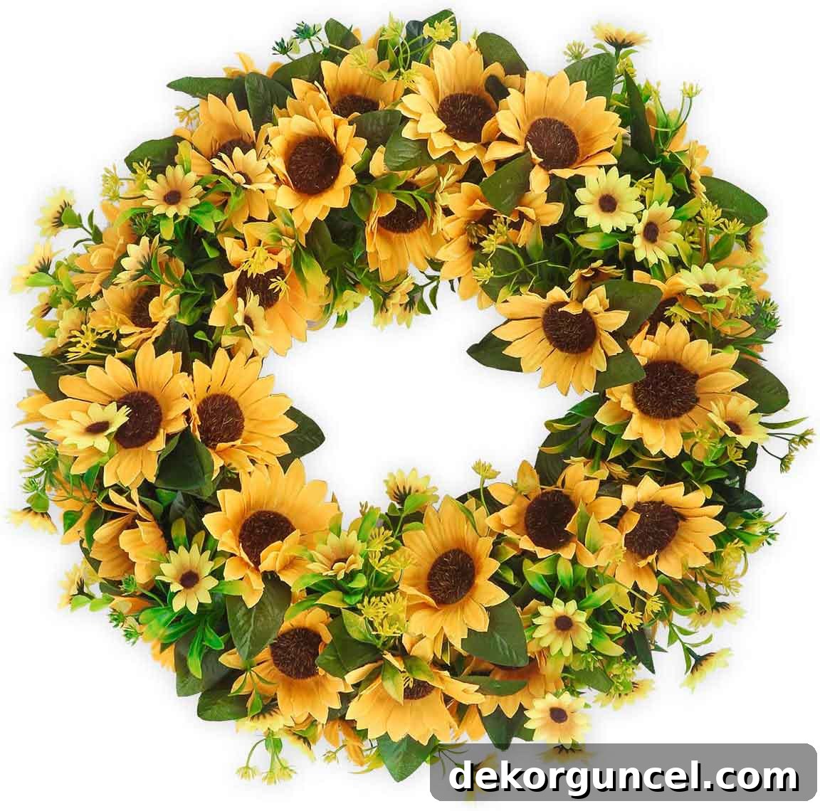 A cheerful 20-inch faux sunflower wreath, offering a vibrant and affordable option for fall front door decor.