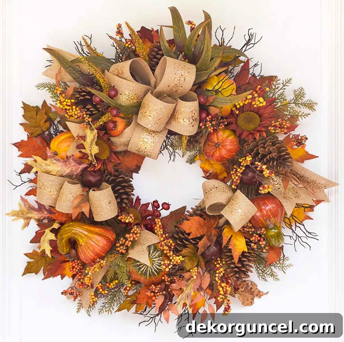 A charming fall wreath composed of colorful autumn leaves, small gourds, sunflowers, berries, pinecones, and a rustic burlap bow.