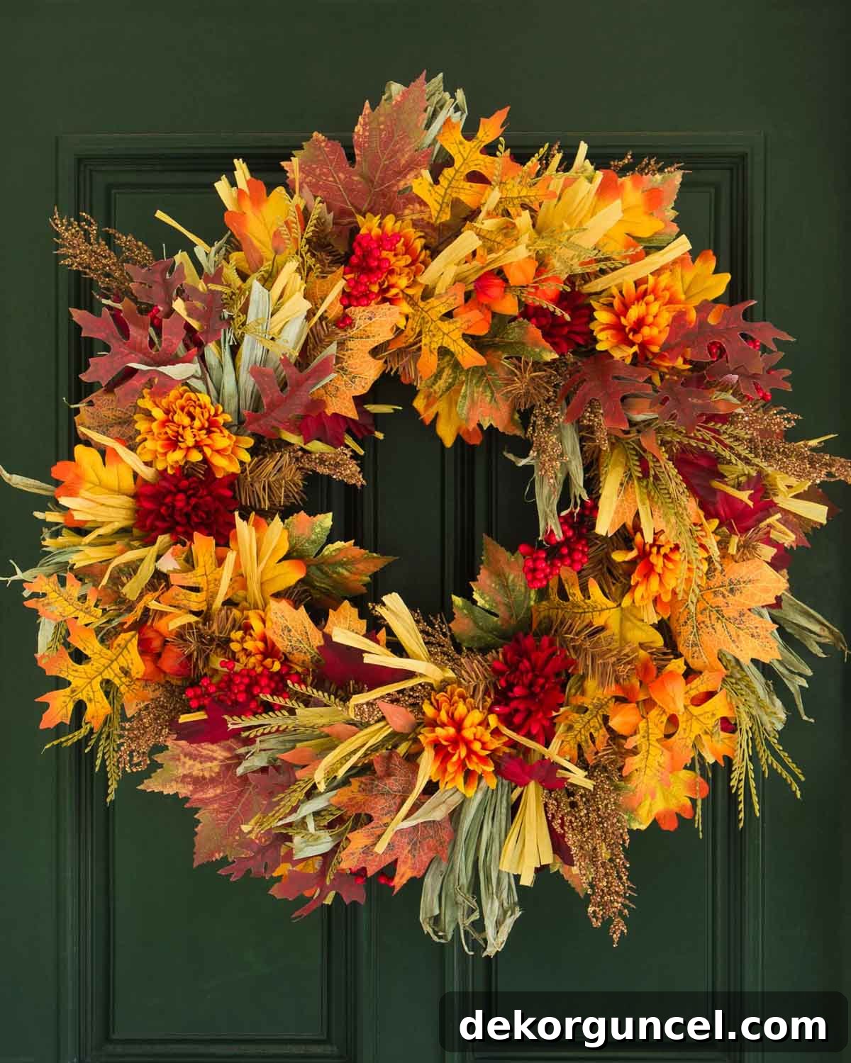 An impressively large 30-inch fall foliage wreath, rich in autumnal colors, designed to make a grand statement on any front door.