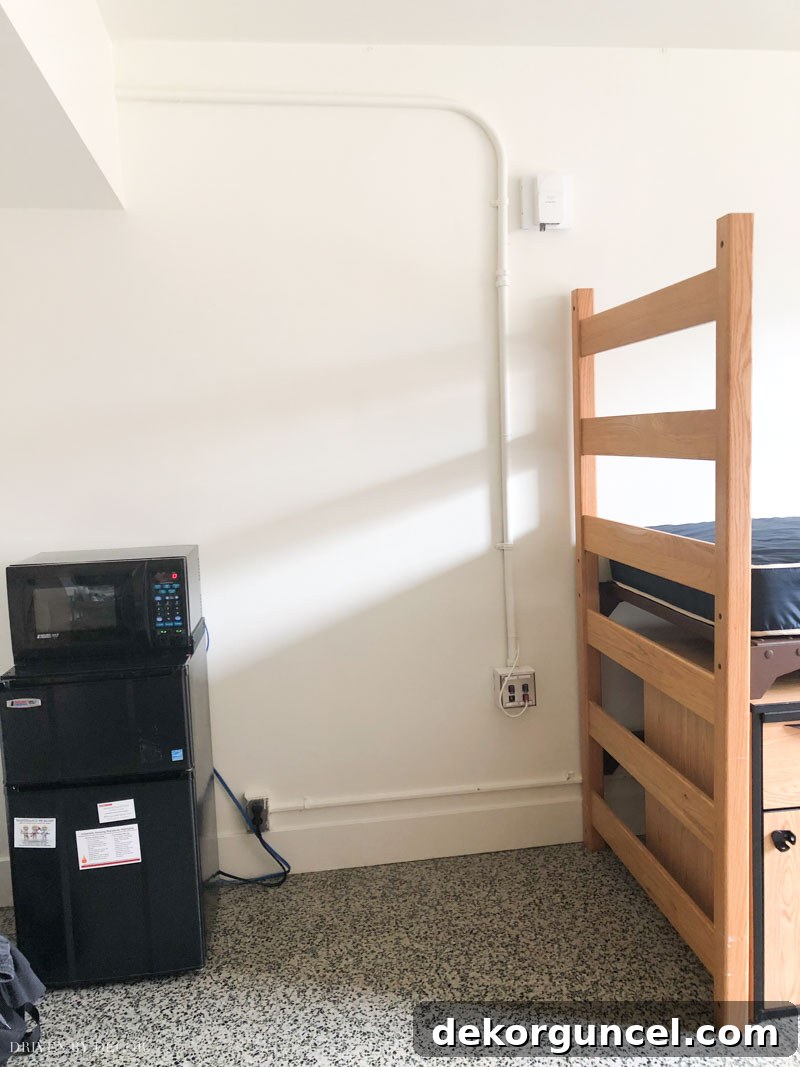 The standard dorm desk area before its vibrant and functional makeover!