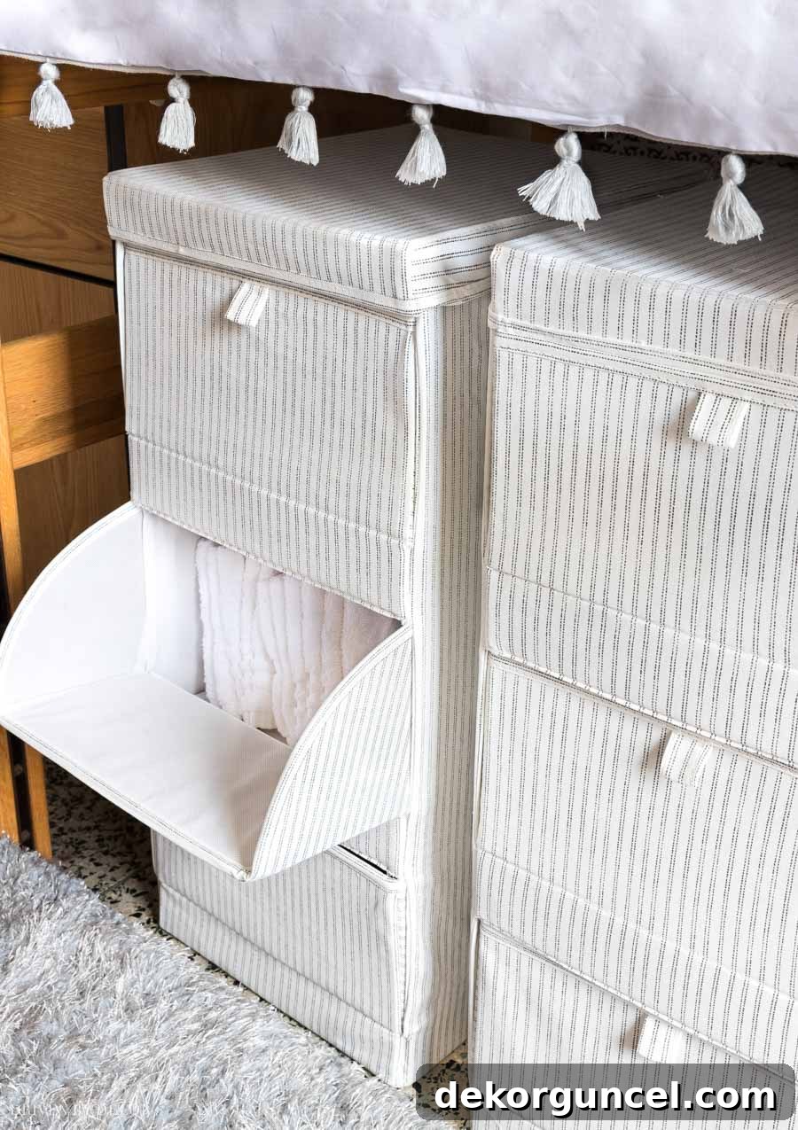 Efficient 3-tier storage cubbies are excellent for under-bed storage in college dorms!