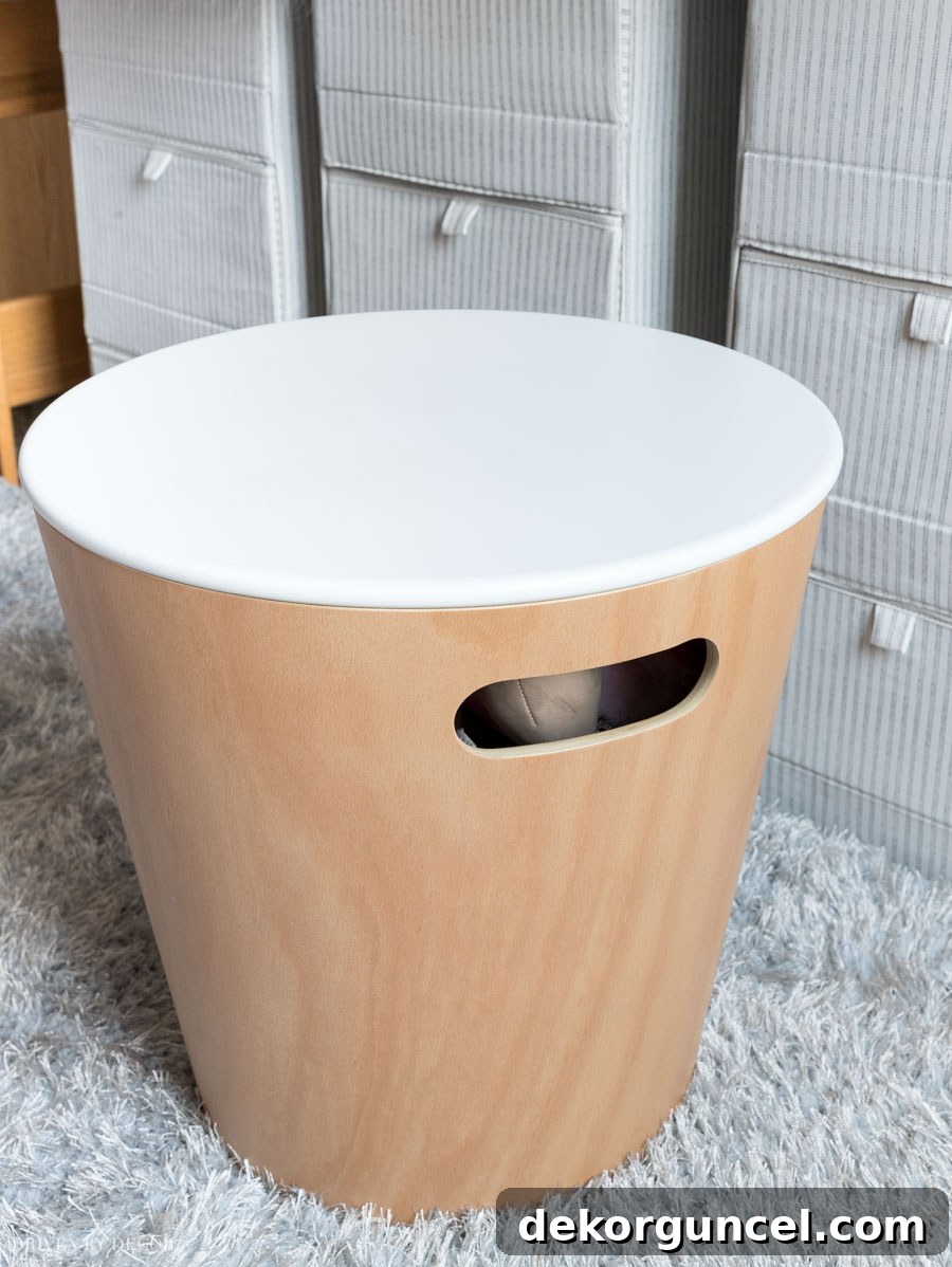 A multi-functional storage stool is a must-have dorm room essential, offering both access to a lofted bed and internal storage.
