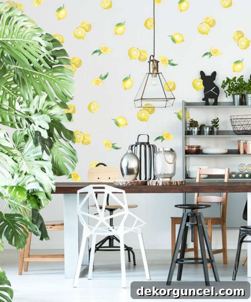 Bright and cheerful lemon-themed removable vinyl wall decals, presenting an easy and budget-friendly alternative to traditional wallpaper.