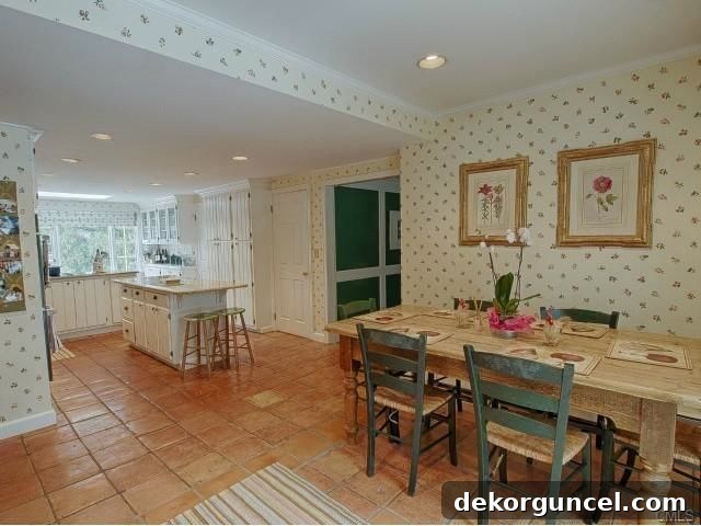The "before" of our kitchen with dated floral wallpaper!