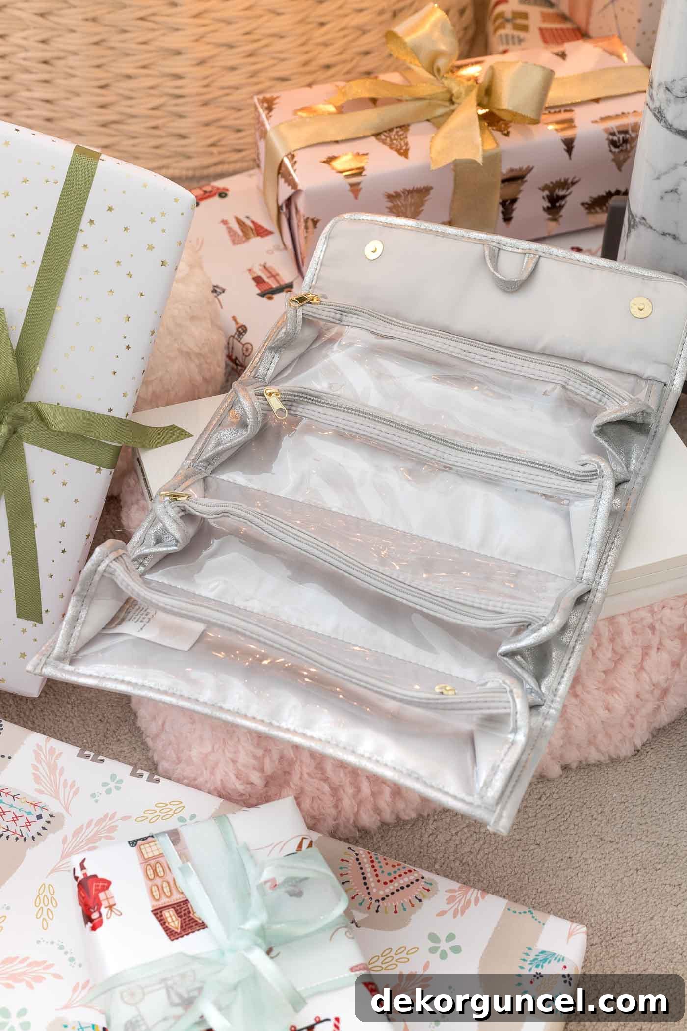 A convenient roll-up toiletry bag, a perfect and practical Christmas gift idea for teen girls on the go.