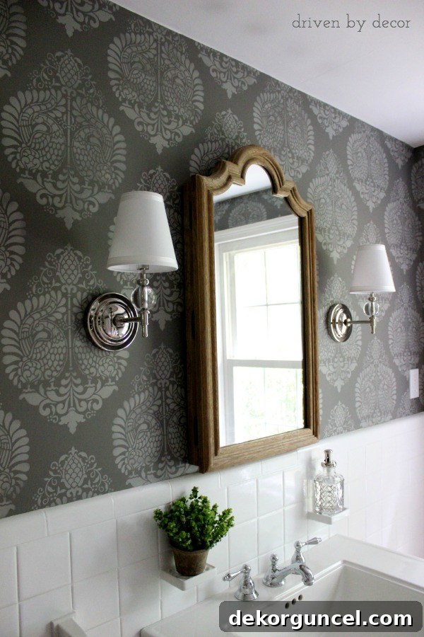 Affordable Bathroom Renovation Ideas 4 Close-up of stenciled bathroom wall with Royal Design stencil, showcasing intricate pattern