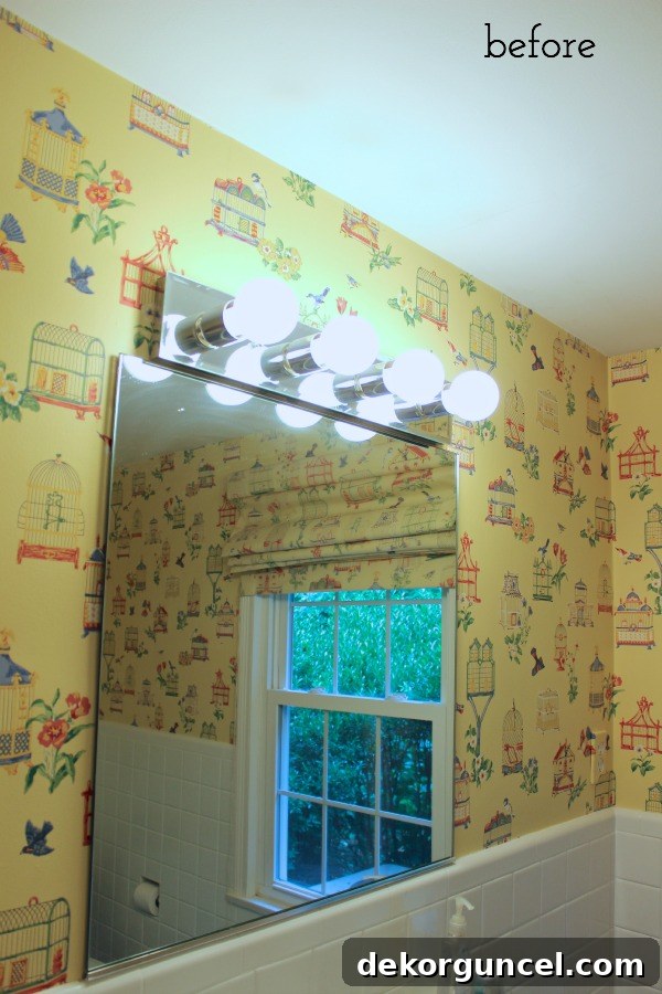 Affordable Bathroom Renovation Ideas 10 Old builder's-grade mirror and lights before medicine cabinet installation