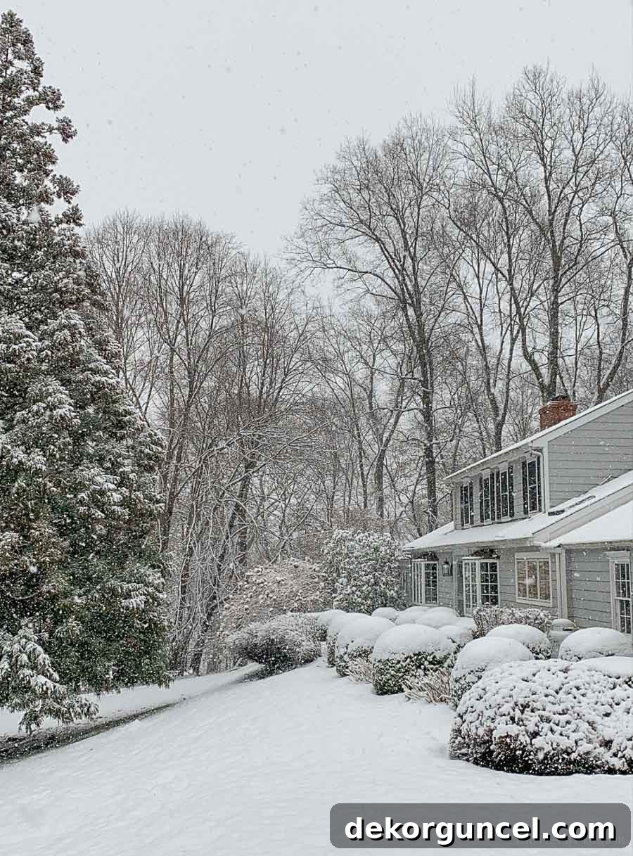 A picturesque winter wonderland view of our New England home, beautifully decorated for the Christmas season.