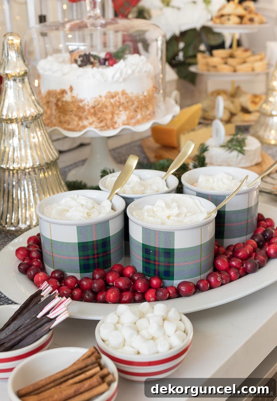 A close-up shot of our kitchen island holiday buffet, highlighting the vibrant addition of fresh cranberries for a beautiful red accent.
