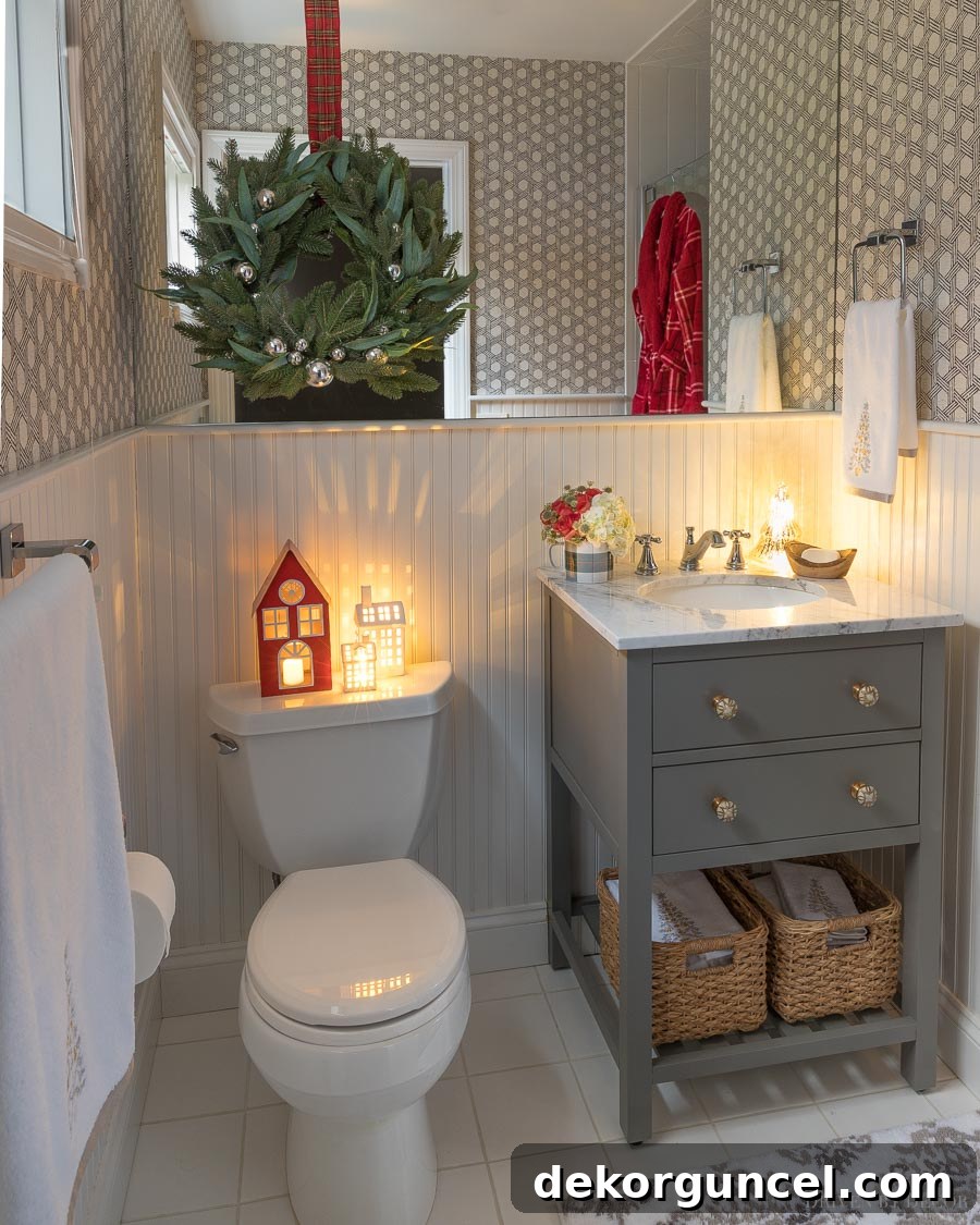 A captivating view of our guest bathroom at night, illuminated by the gentle glow of LED Christmas houses and twinkling decorations, creating a magical festive atmosphere.
