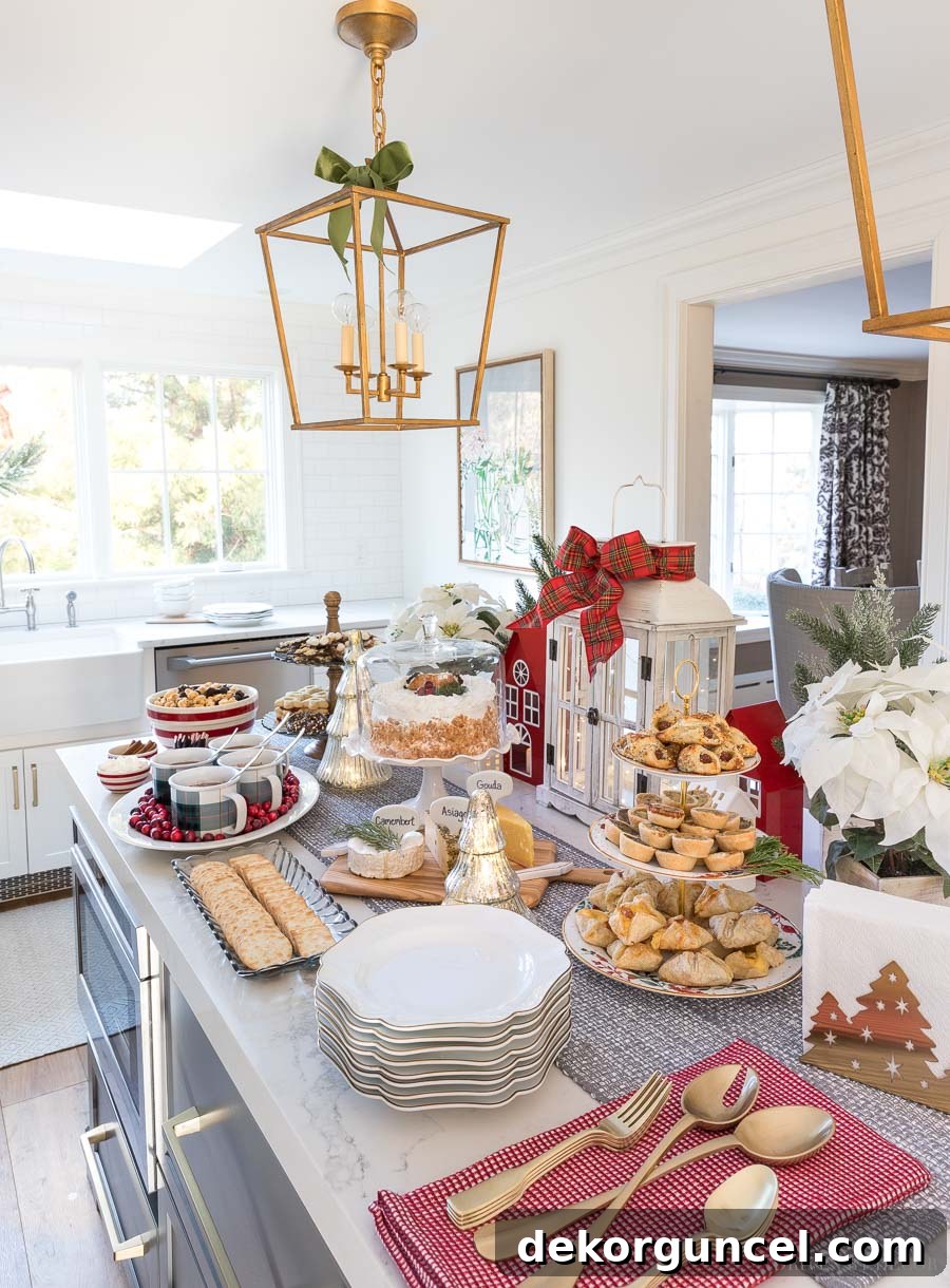 A festive holiday buffet spread with an assortment of finger foods and appetizers, elegantly arranged on our kitchen island.