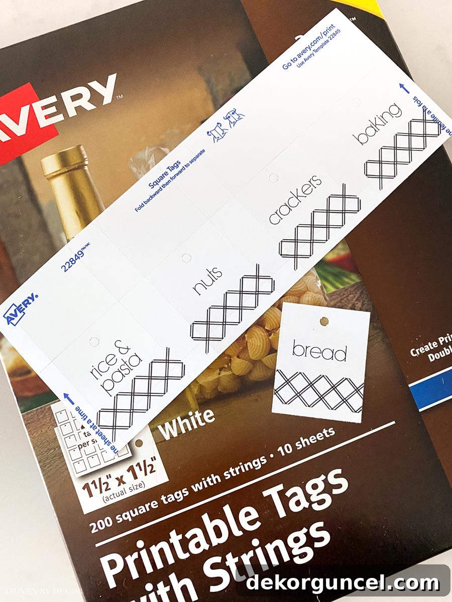 Customizable printable tags for pantry bins, offering a decorative and functional labeling solution