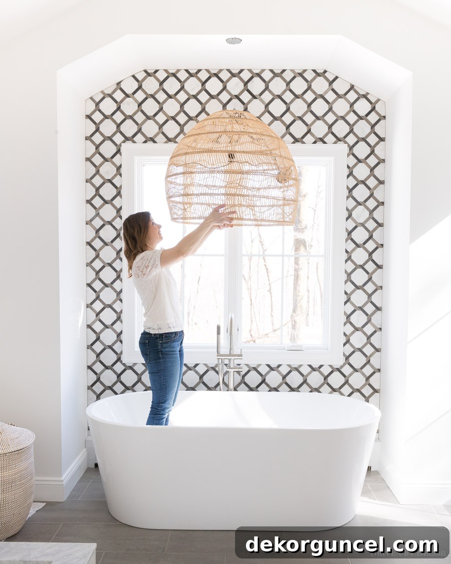 Our Bathroom Remodel Progress 19 Stunning rattan woven pendant! Love this look!