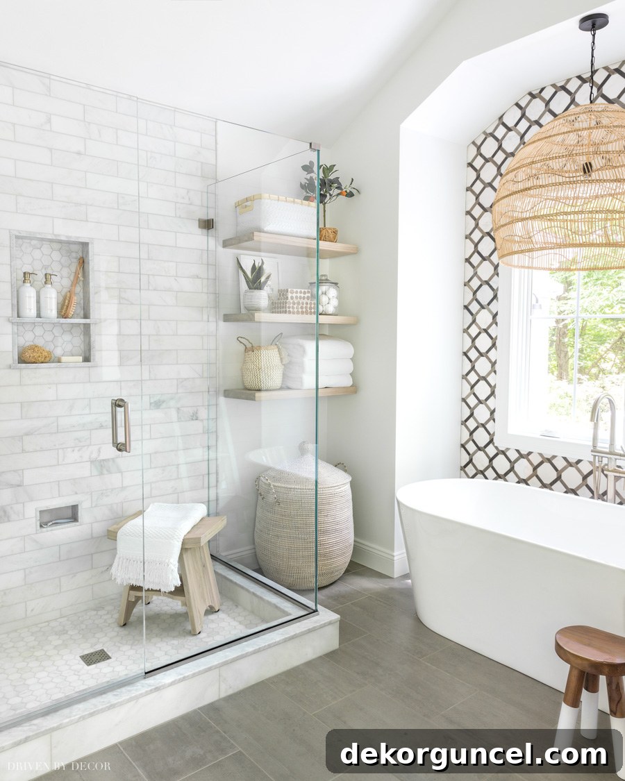 Our Bathroom Remodel Progress 20 Our master bathroom reveal! Details on shower, shelves, tiled wall and more are on the blog!