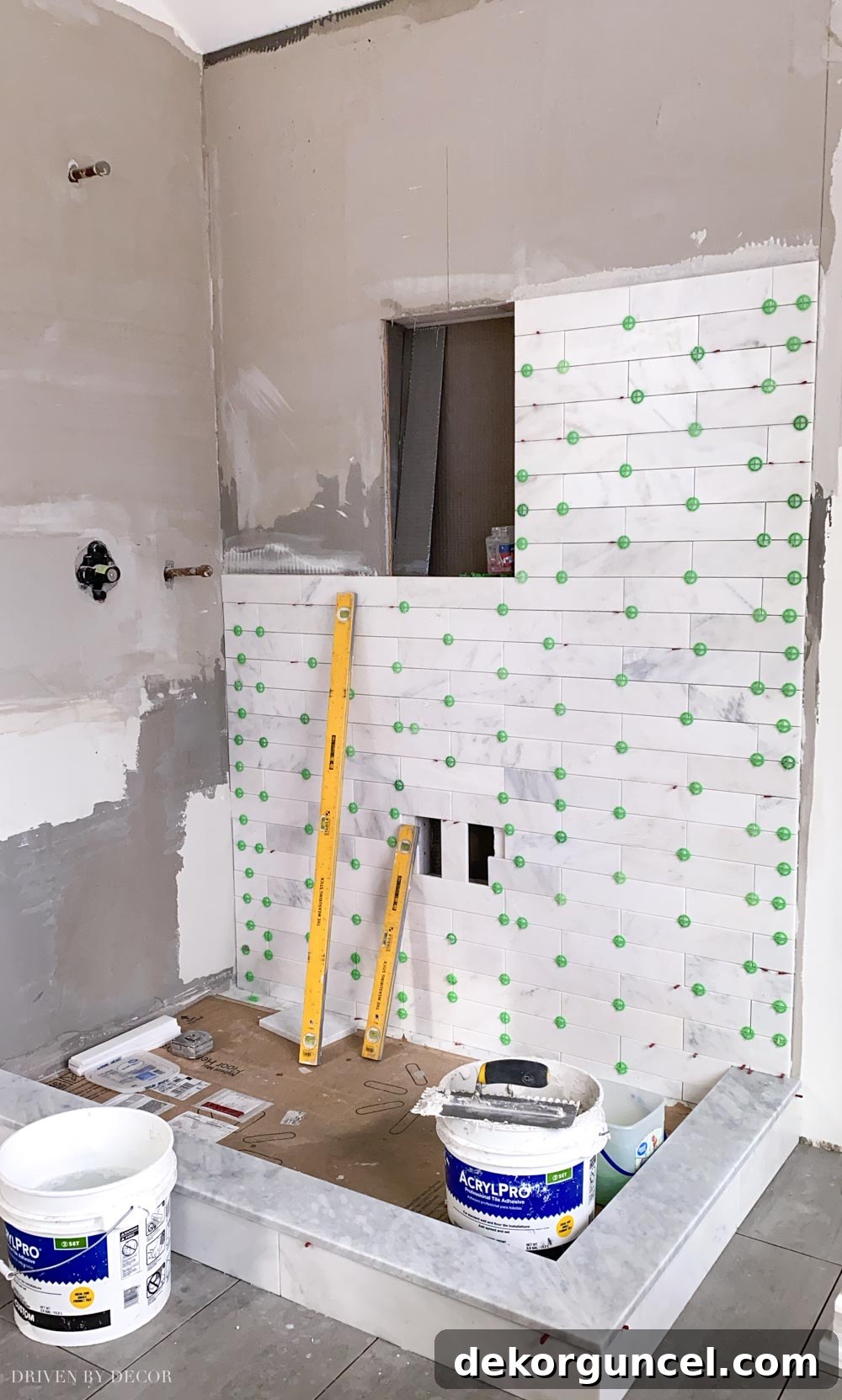 Our Bathroom Remodel Progress 9 LOVE this honed marble shower tile!!