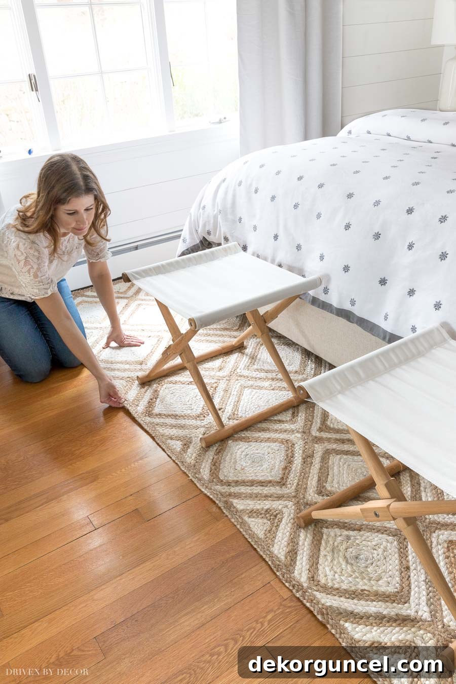 Helpful tip for straightening the edges of a new jute rug upon unrolling.