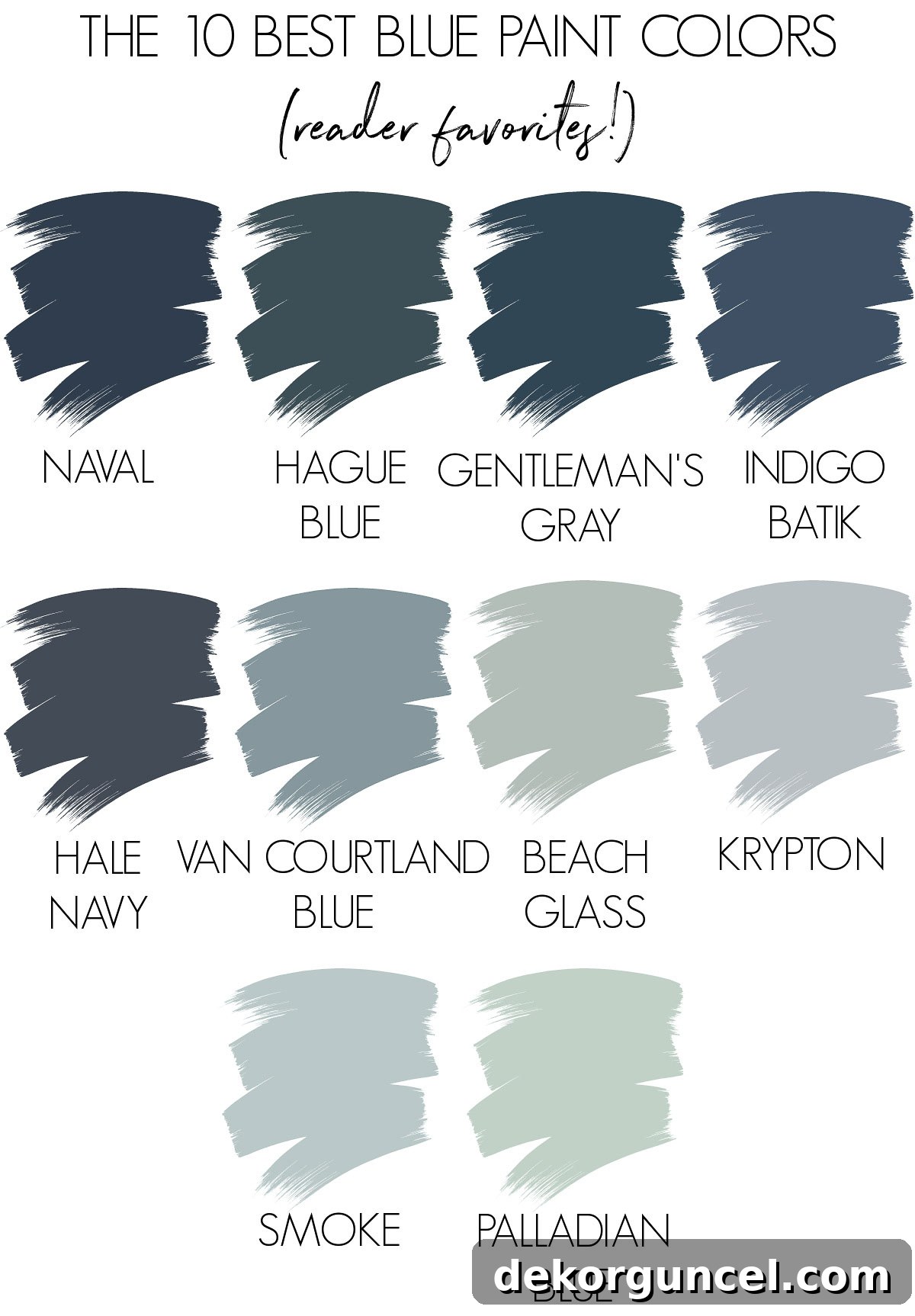 Pin this image to save the top 10 favorite blue paint colors for your future home decor projects.