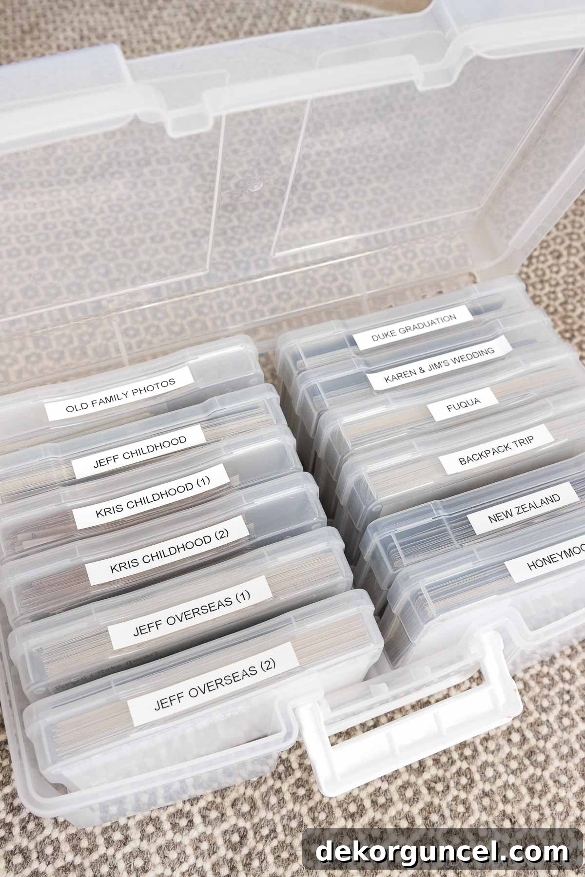 20 Genius Home Organization Hacks for a Clutter-Free Home 14 Labeled photo storage cases neatly organized in a cabinet