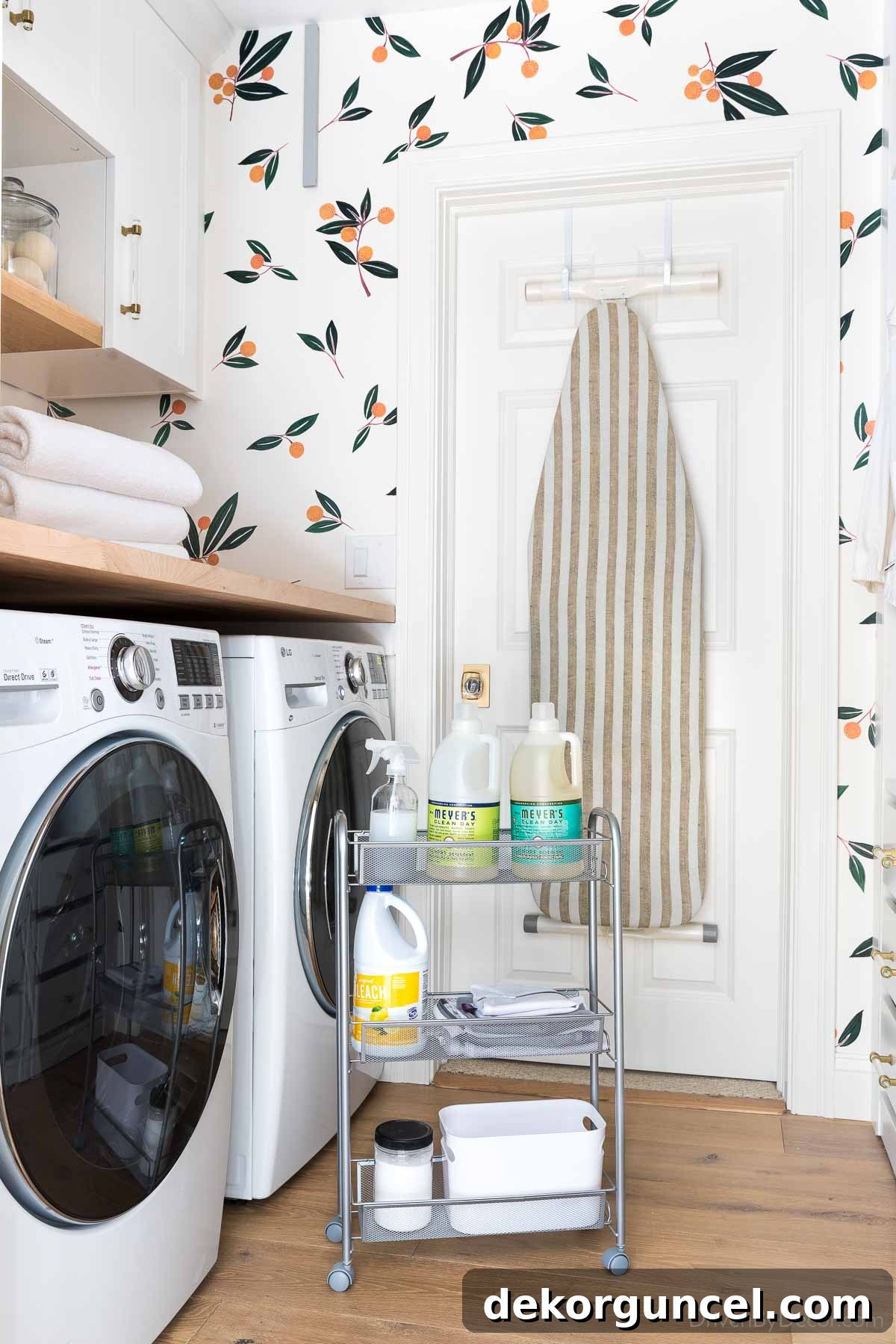 20 Genius Home Organization Hacks for a Clutter-Free Home 25 Slim rolling cart with laundry supplies fitting perfectly between washer and dryer