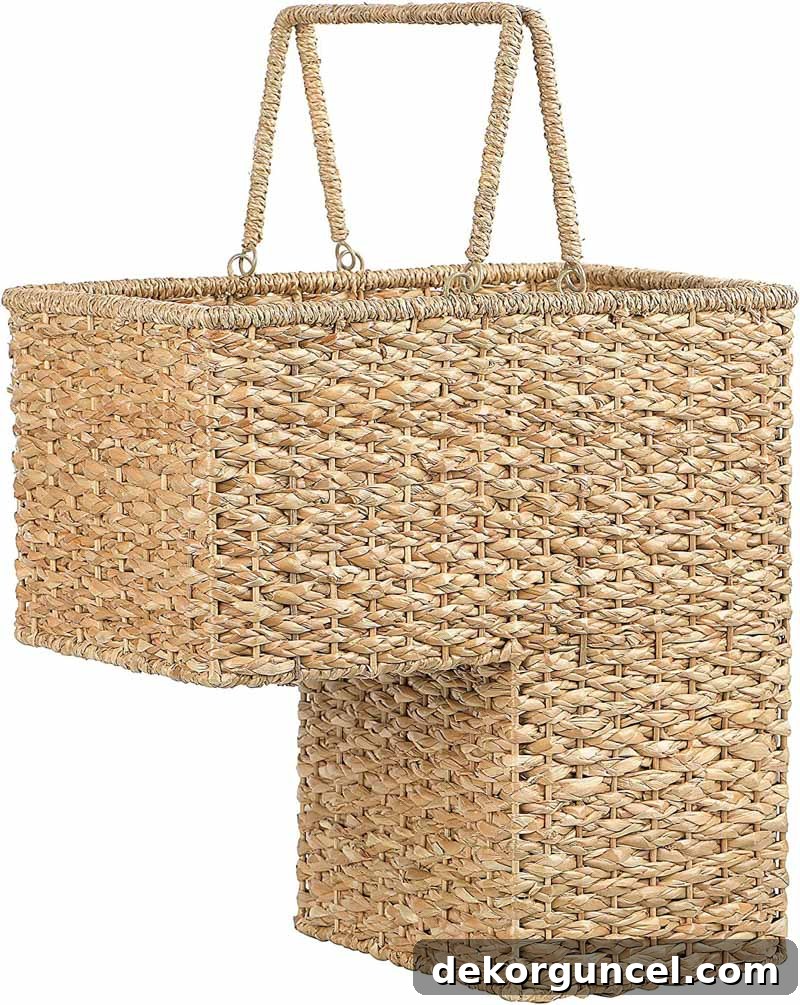 20 Genius Home Organization Hacks for a Clutter-Free Home 32 Woven stair basket positioned on a stair tread for collecting items