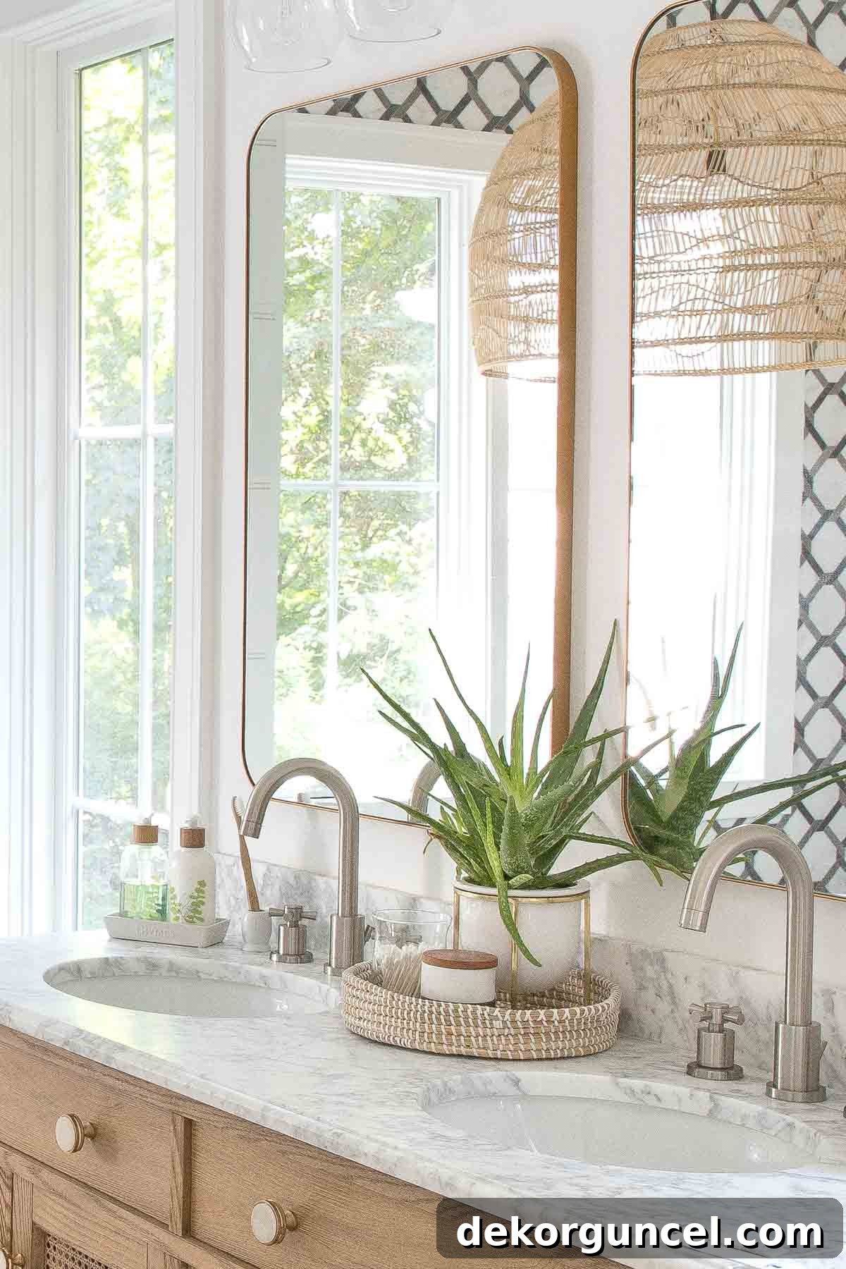 Effortless Bathroom Style for an Instant Update 2 Round woven tray between sinks in a beautifully decorated bathroom