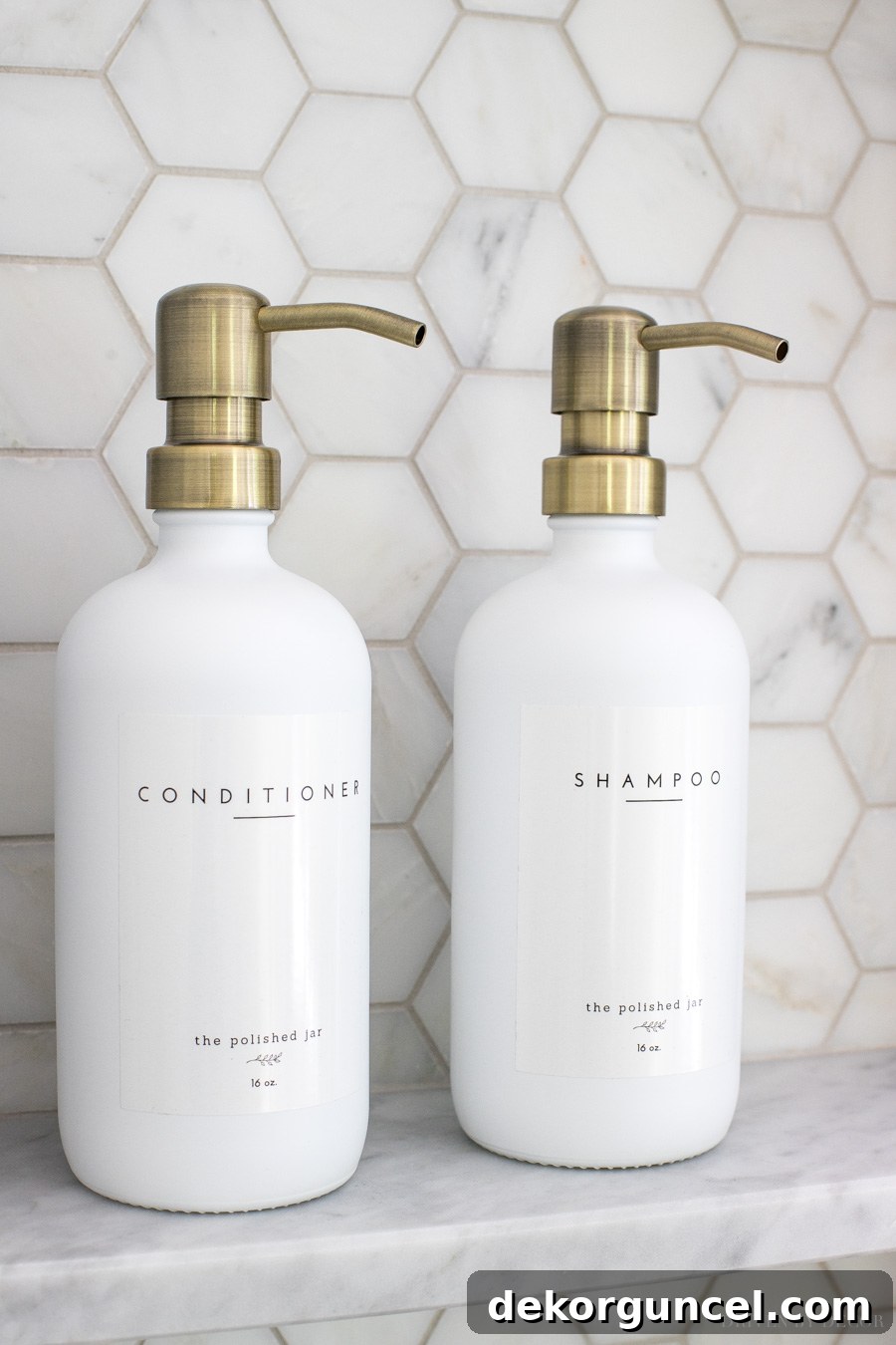 Effortless Bathroom Style for an Instant Update 19 Elegant shampoo and conditioner bottles, adding beautiful bathroom decor to the shower